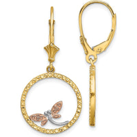 14K Two-Tone Gold Diamond-Cut Dragonfly Leverback Earrings with White Rhodium and Rose Gold Accents by 0