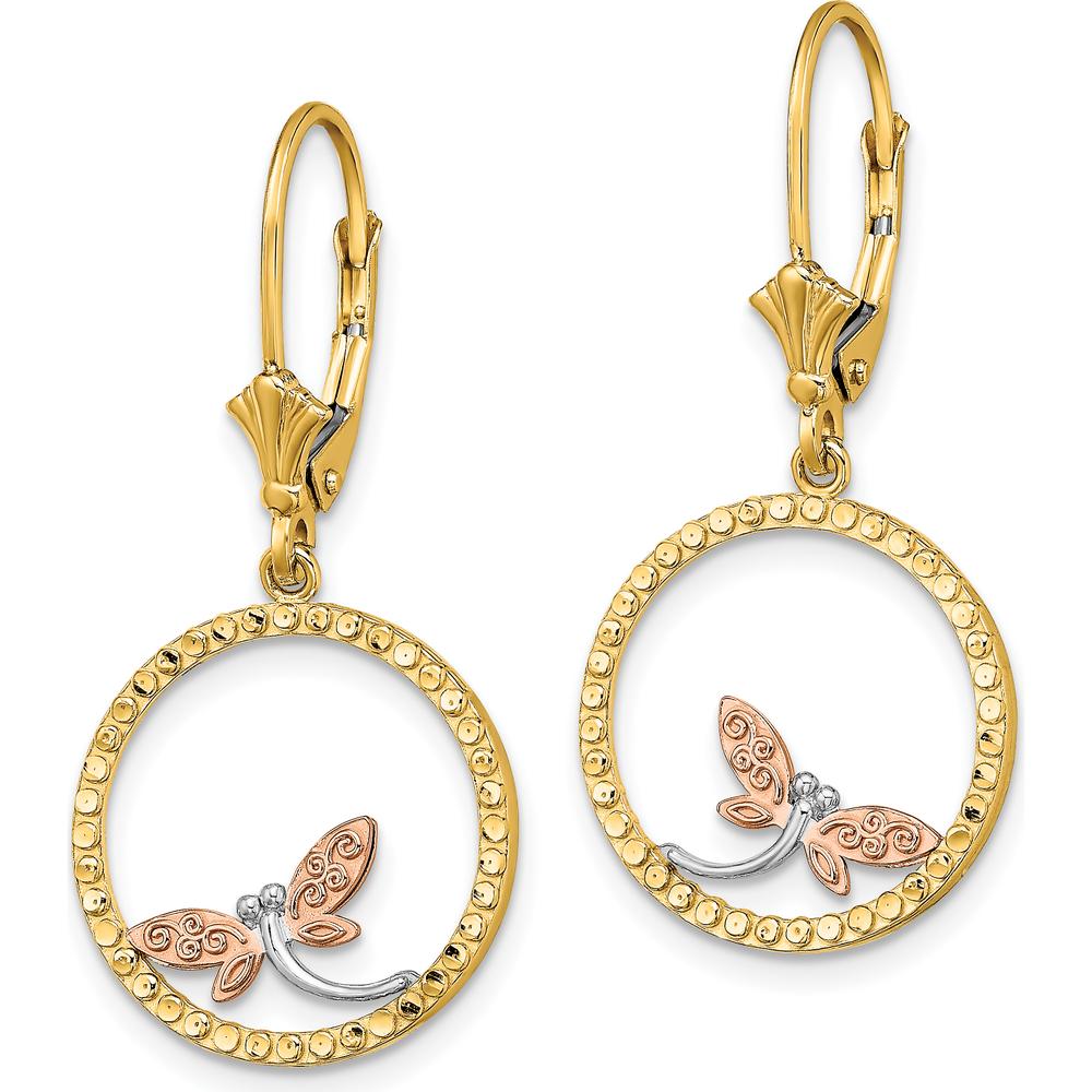 14K Two-Tone Gold Diamond-Cut Dragonfly Leverback Earrings with White Rhodium and Rose Gold Accents by 0