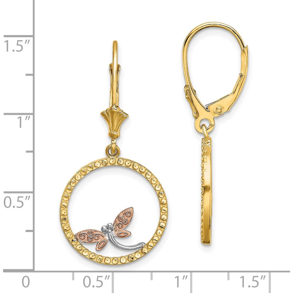 14K Two-Tone Gold Diamond-Cut Dragonfly Leverback Earrings with White Rhodium and Rose Gold Accents by 0