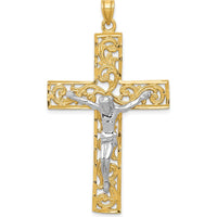 14K Two-Tone Gold Diamond-Cut Filigree Crucifix Pendant - 56mm Length by Oro Pregiato
