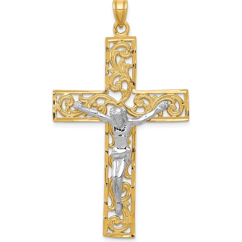 14K Two-Tone Gold Diamond-Cut Filigree Crucifix Pendant - 56mm Length by Oro Pregiato