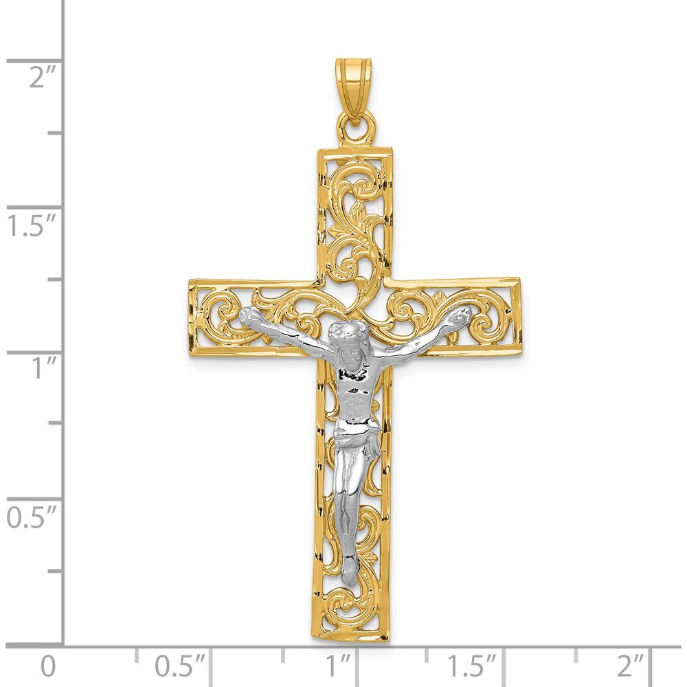14K Two-Tone Gold Diamond-Cut Filigree Crucifix Pendant - 56mm Length by Oro Pregiato