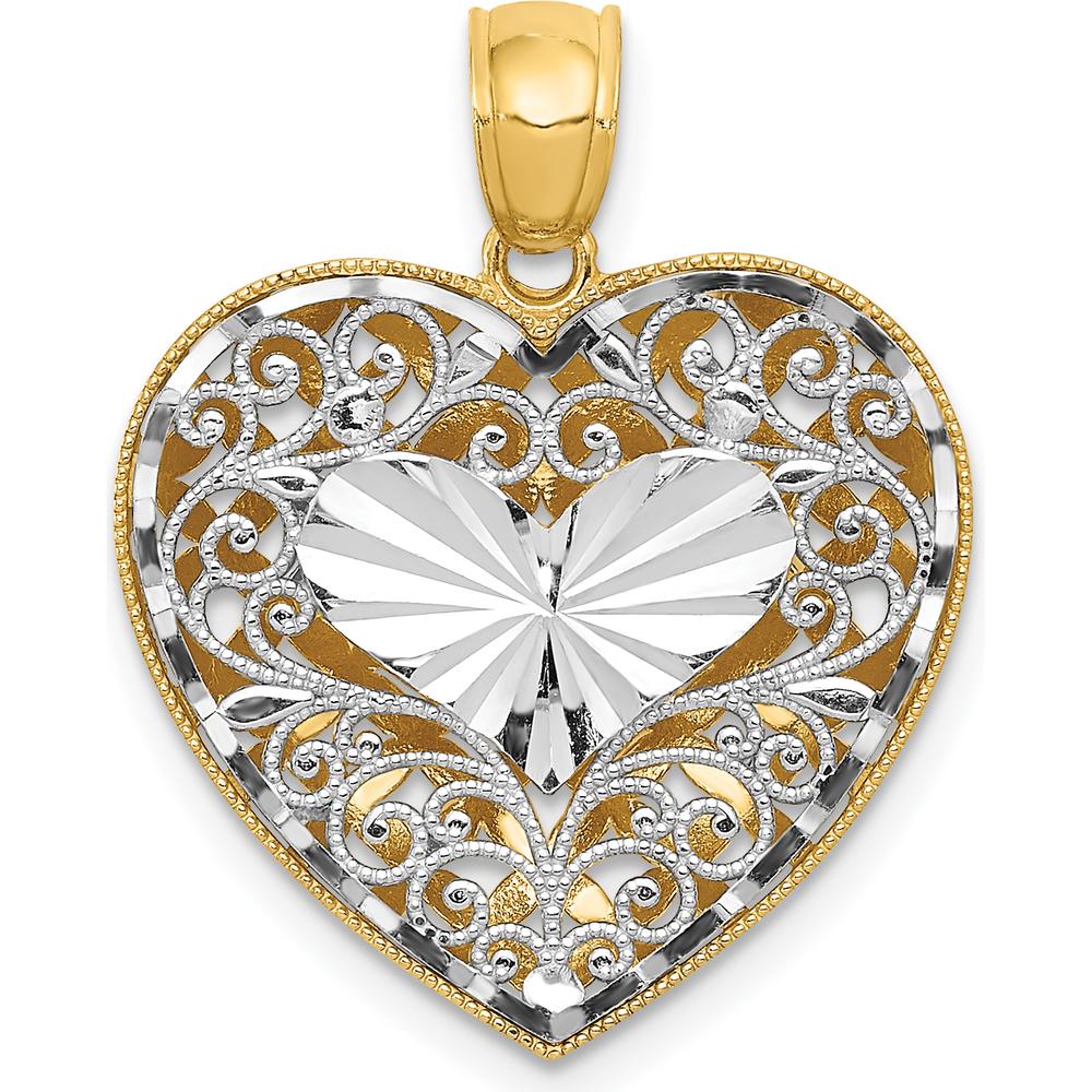 14K Two-Tone Gold Diamond-Cut Filigree Heart Pendant with Polished Finish - 19.5mm by Oro Pregiato