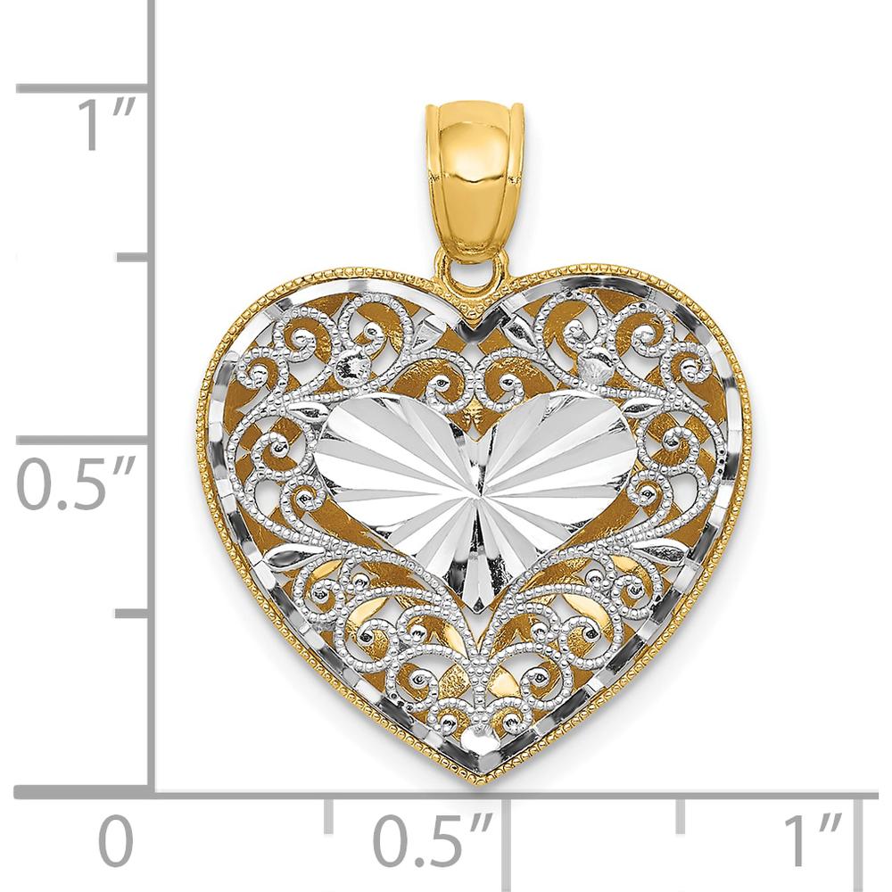 14K Two-Tone Gold Diamond-Cut Filigree Heart Pendant with Polished Finish - 19.5mm by Oro Pregiato