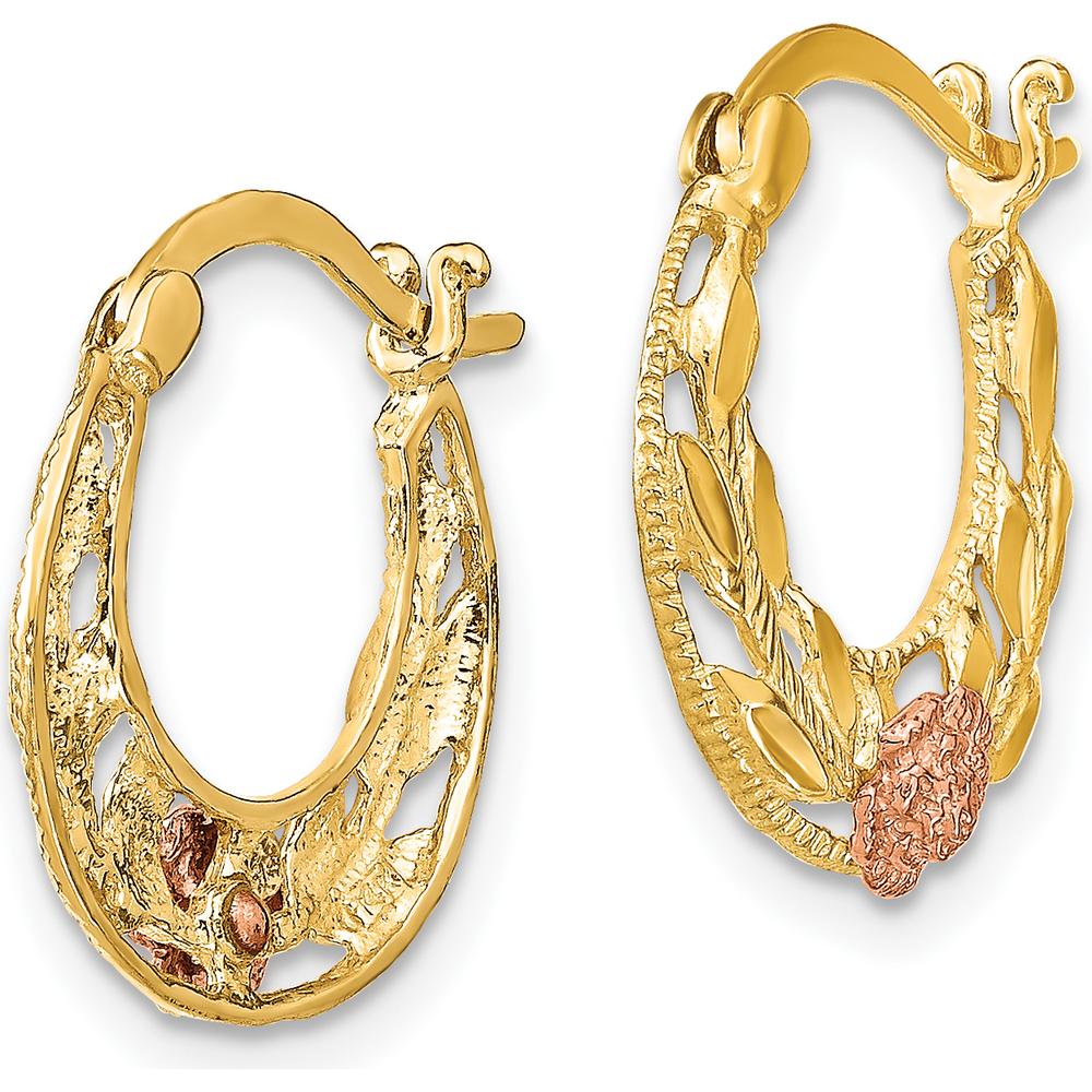 14K Two-Tone Gold Diamond-Cut Floral Hoop Earrings - Elegant Vintage Style by 0