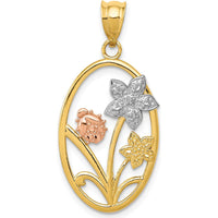 14K Two-Tone Gold Diamond-Cut Floral Pendant with Rhodium Accents by Oro Pregiato
