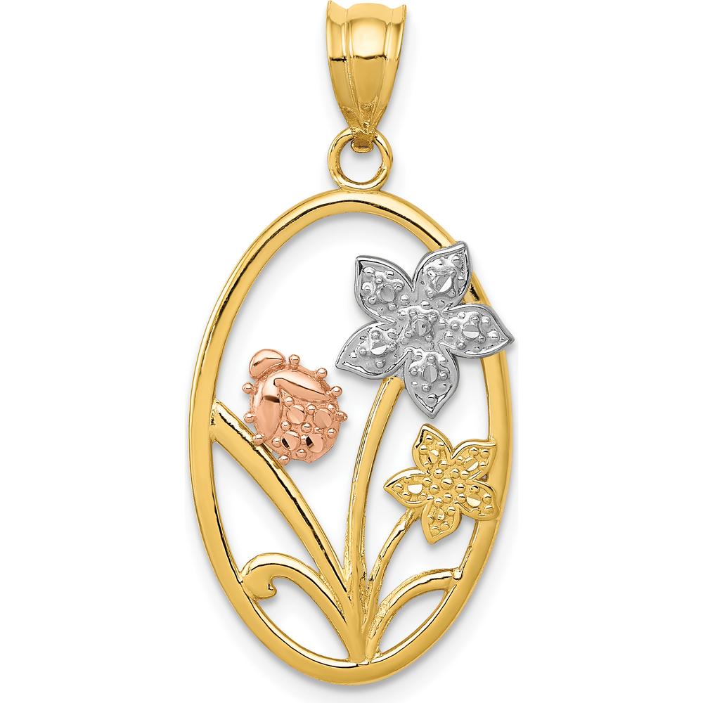 14K Two-Tone Gold Diamond-Cut Floral Pendant with Rhodium Accents by Oro Pregiato
