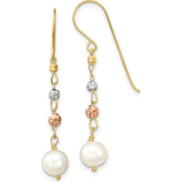 14K Two-Tone Gold Diamond-Cut Freshwater Cultured Pearls Dangle Earrings - 12mm Total Pearl Size by Monteluci Fine Jewelry