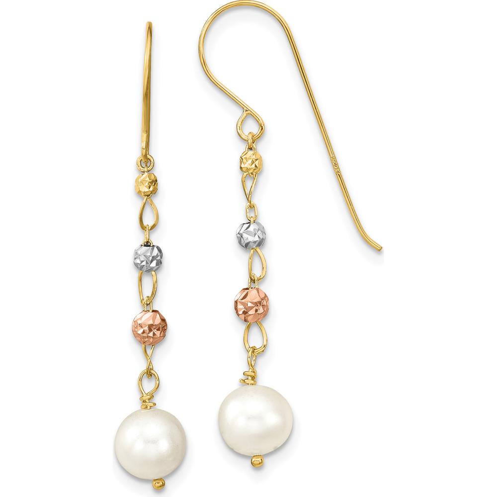14K Two-Tone Gold Diamond-Cut Freshwater Cultured Pearls Dangle Earrings - 12mm Total Pearl Size by Monteluci Fine Jewelry