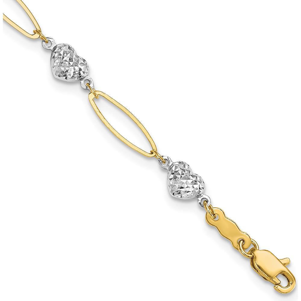 14K Two-Tone Gold Diamond-Cut Heart and Oval Link Bracelet - 7.25" by 0