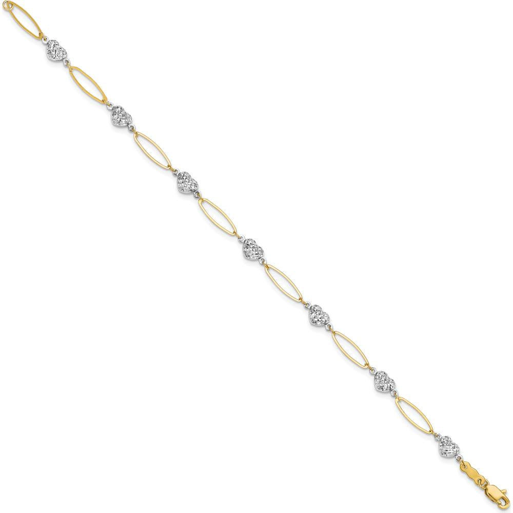 14K Two-Tone Gold Diamond-Cut Heart and Oval Link Bracelet - 7.25" by 0