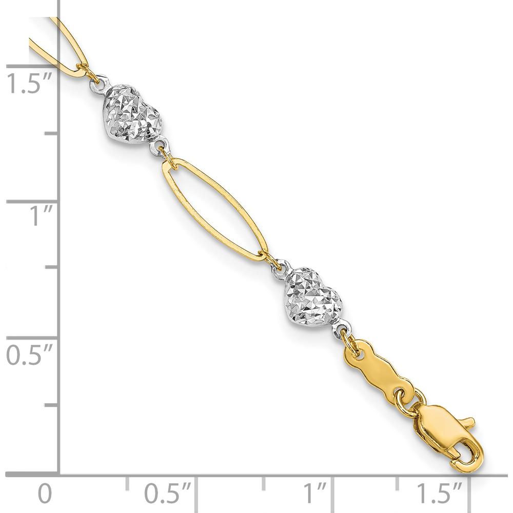 14K Two-Tone Gold Diamond-Cut Heart and Oval Link Bracelet - 7.25" by 0