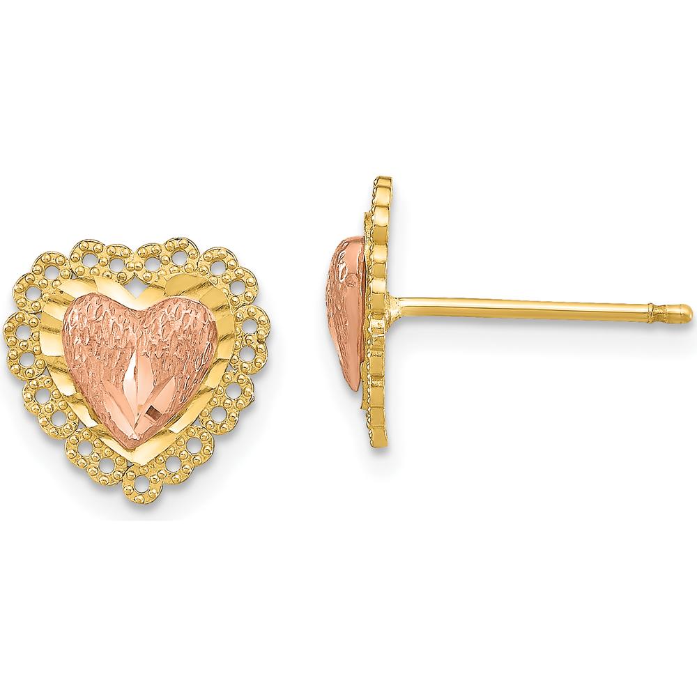 14K Two-Tone Gold Diamond-Cut Heart Earrings with Lace Trim - Polished Finish by 0