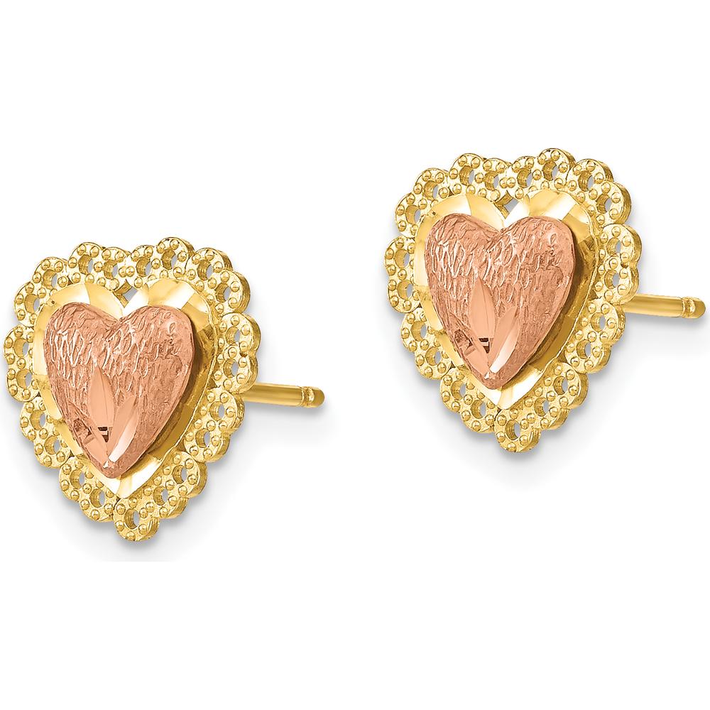 14K Two-Tone Gold Diamond-Cut Heart Earrings with Lace Trim - Polished Finish by 0