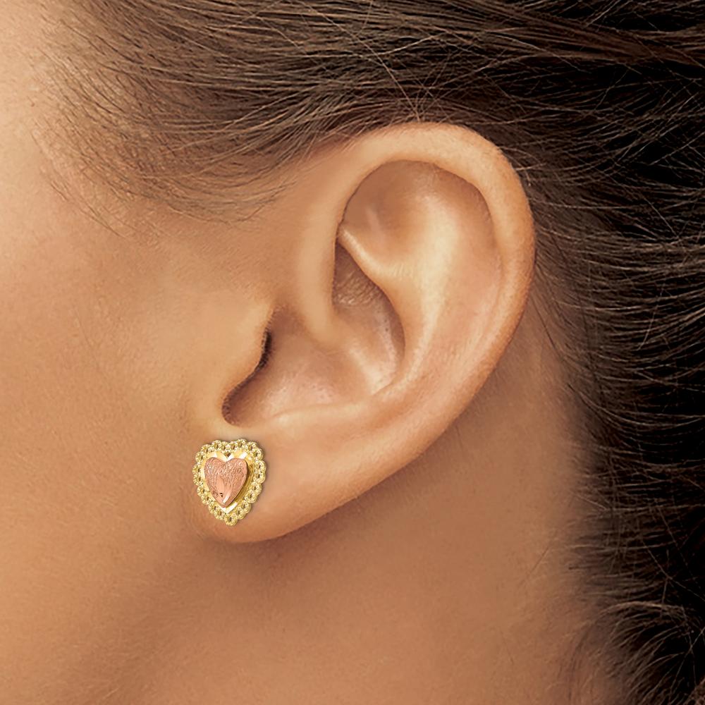 14K Two-Tone Gold Diamond-Cut Heart Earrings with Lace Trim - Polished Finish by 0