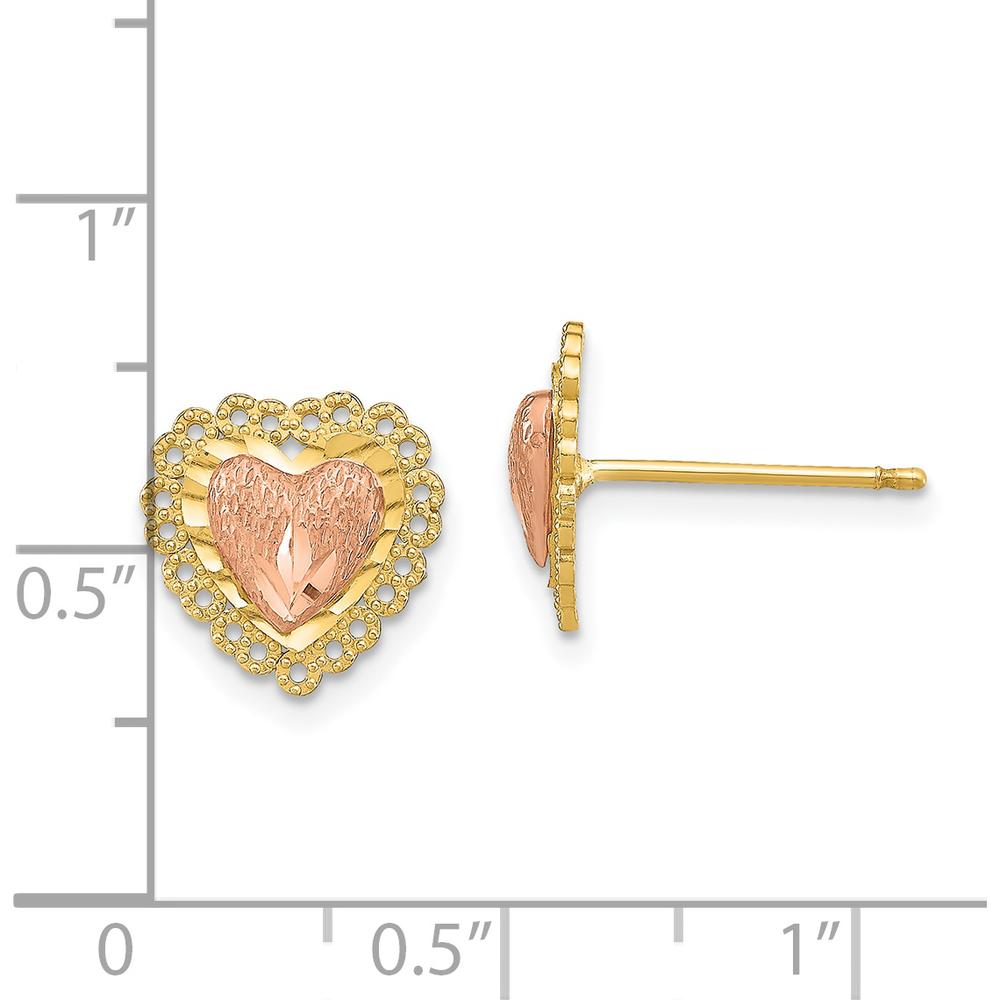 14K Two-Tone Gold Diamond-Cut Heart Earrings with Lace Trim - Polished Finish by 0