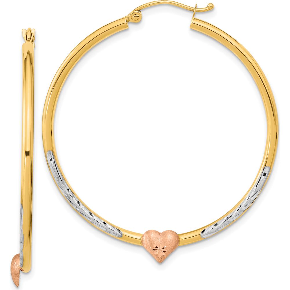 14K Two-Tone Gold Diamond-Cut Heart Hoop Earrings - 44.17mm Length by 0