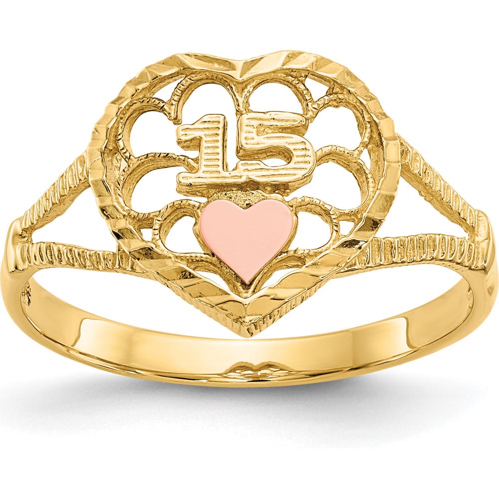 14K Two-Tone Gold Diamond-Cut Heart Ring with Polished Finish - 11mm Length by Oro Pregiato
