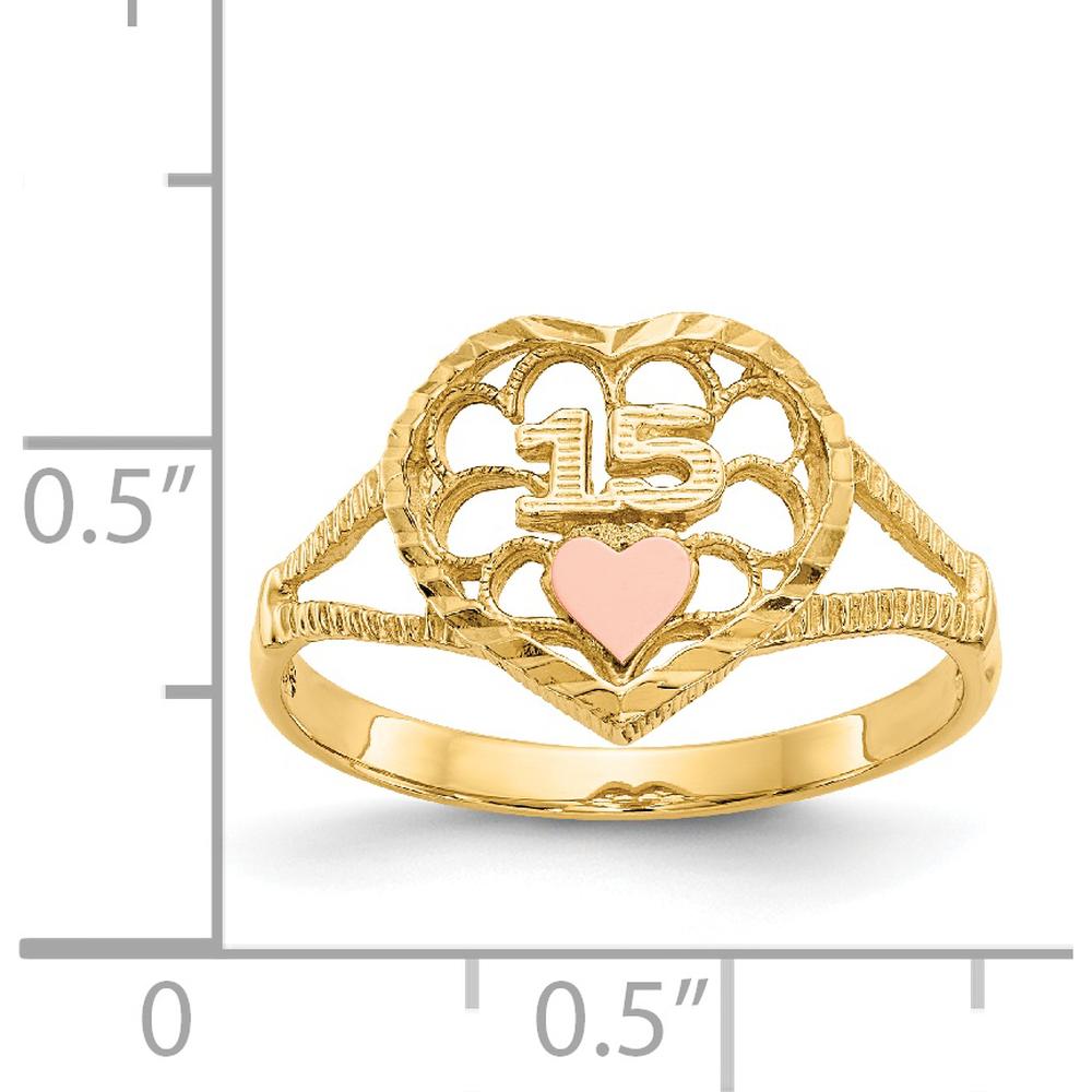 14K Two-Tone Gold Diamond-Cut Heart Ring with Polished Finish - 11mm Length by Oro Pregiato