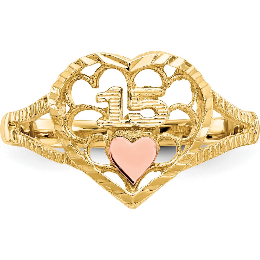 14K Two-Tone Gold Diamond-Cut Heart Ring with Polished Finish - 11mm Length by Oro Pregiato