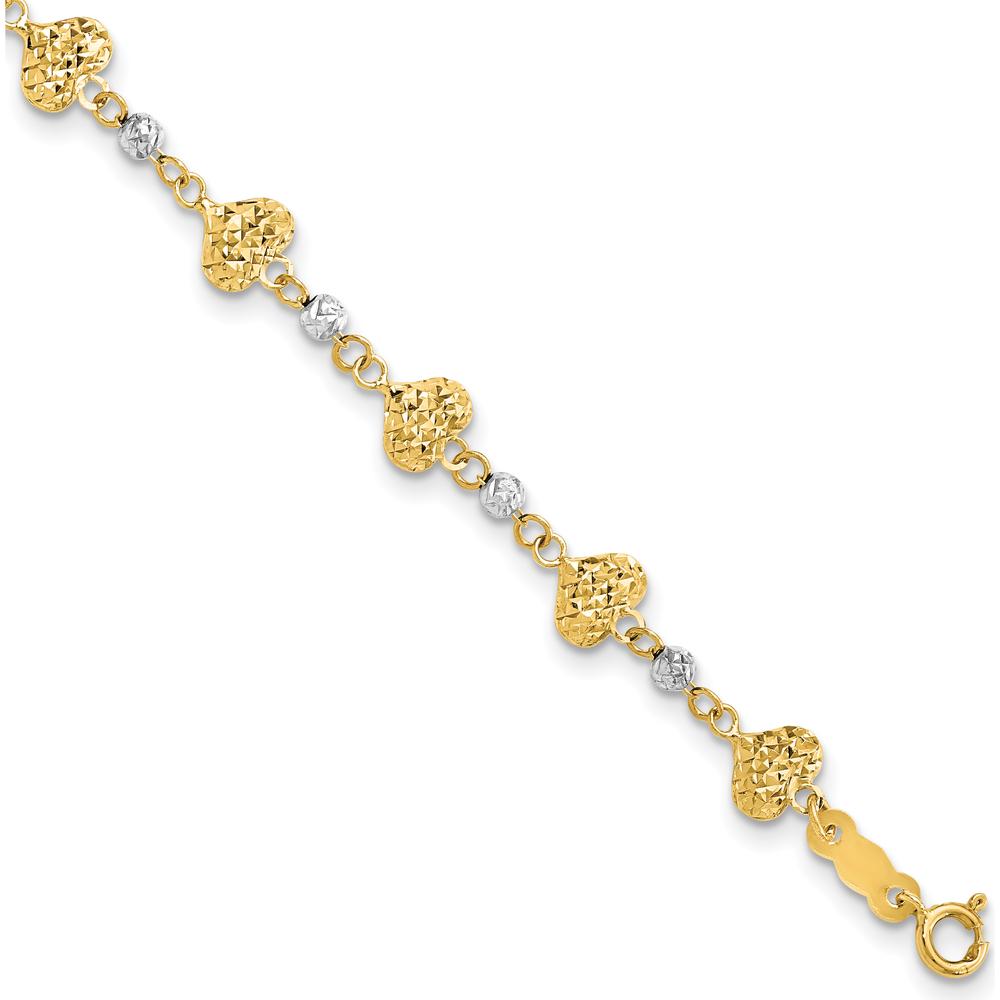 14K Two-Tone Gold Diamond-Cut Hearts and Beads Bracelet - 7 Inches by Oro Pregiato