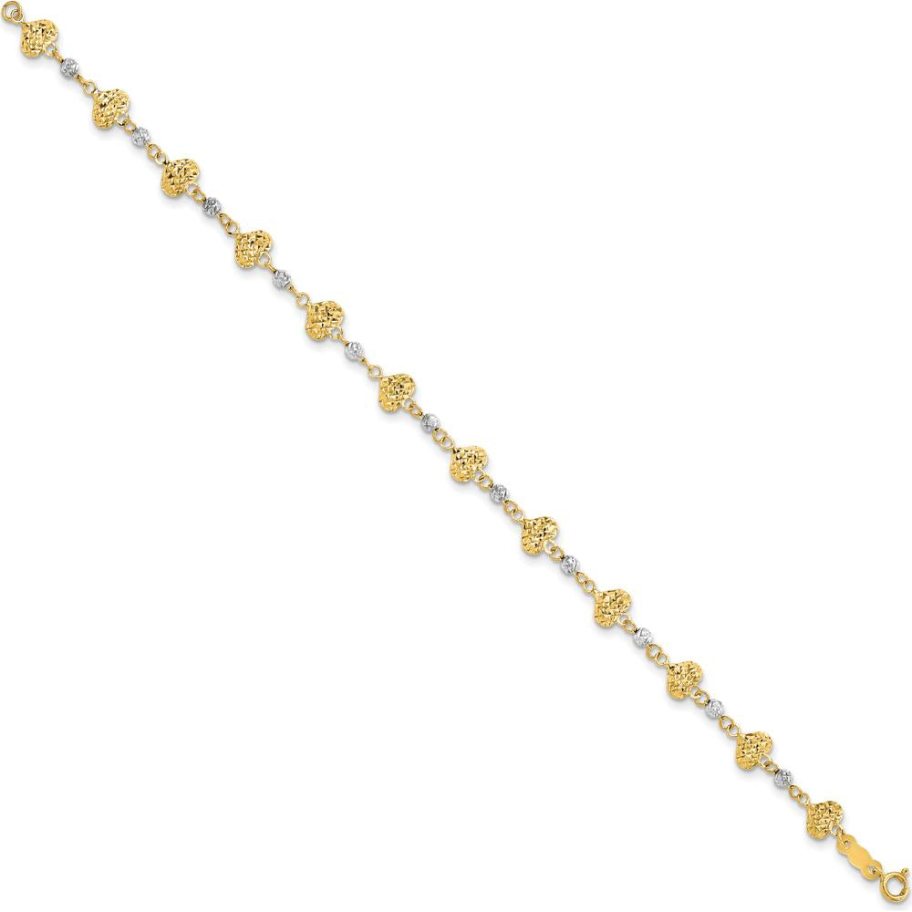 14K Two-Tone Gold Diamond-Cut Hearts and Beads Bracelet - 7 Inches by Oro Pregiato