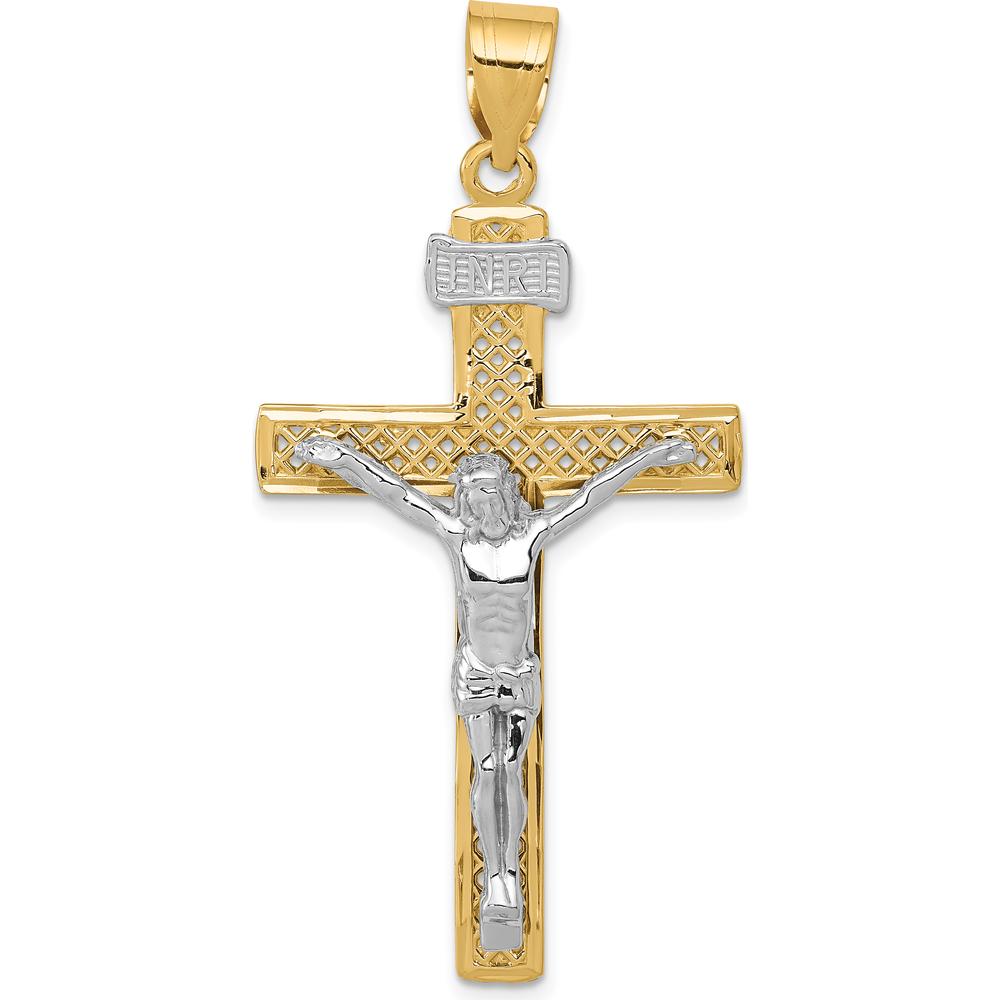 14K Two-Tone Gold Diamond-Cut Lattice Cross with Crucifix Pendant - 47mm Length by Oro Pregiato