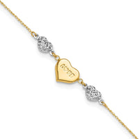 14K Two-Tone Gold Diamond-cut LOVE Heart Adjustable Anklet with Spring Ring Clasp - 11" Total Length