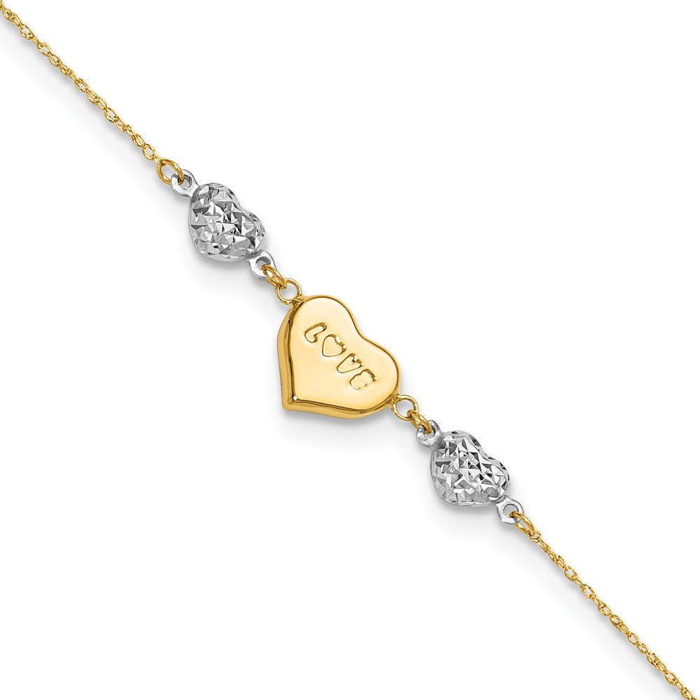 14K Two-Tone Gold Diamond-cut LOVE Heart Adjustable Anklet with Spring Ring Clasp - 11" Total Length