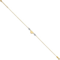 14K Two-Tone Gold Diamond-cut LOVE Heart Adjustable Anklet with Spring Ring Clasp - 11" Total Length