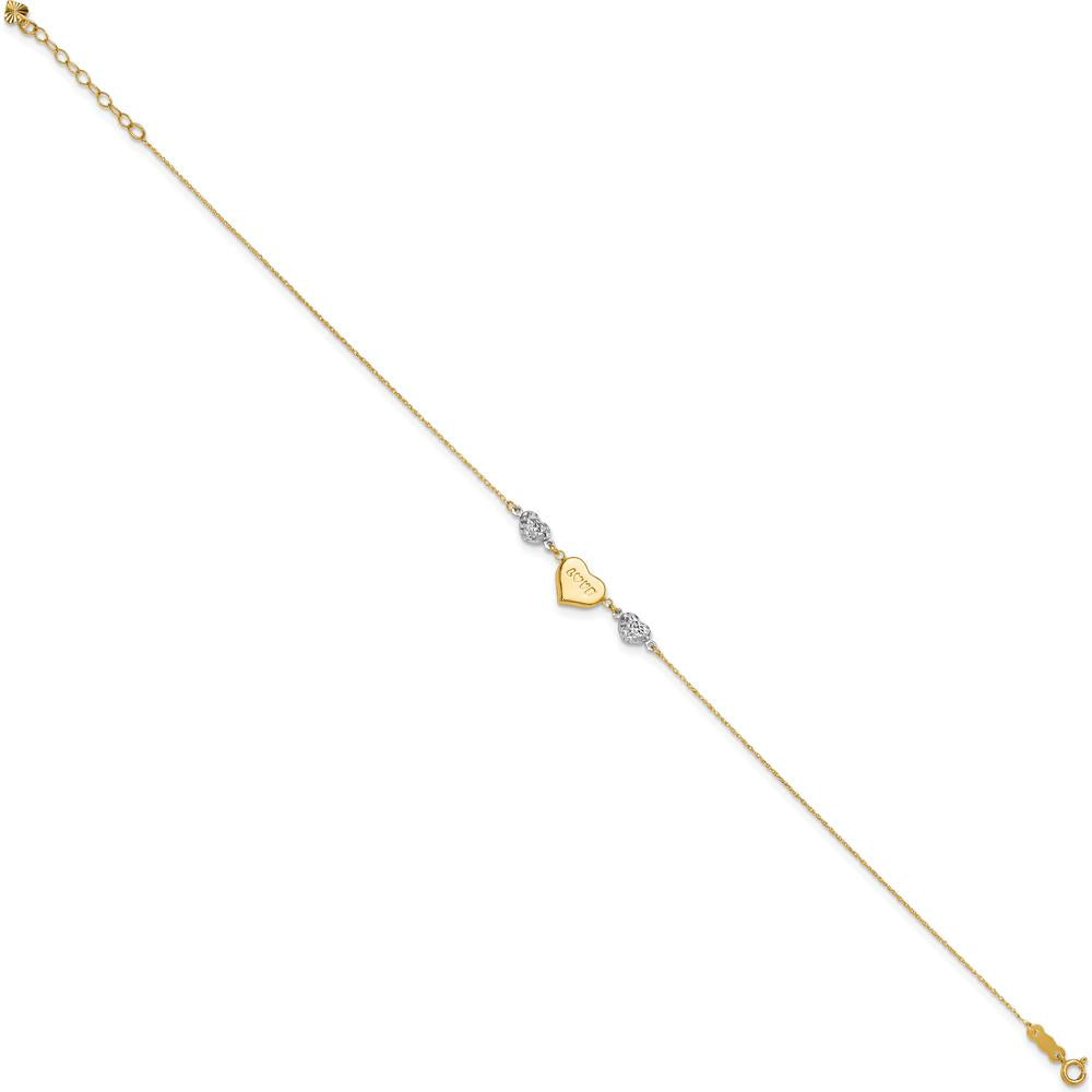 14K Two-Tone Gold Diamond-cut LOVE Heart Adjustable Anklet with Spring Ring Clasp - 11" Total Length