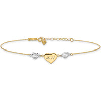14K Two-Tone Gold Diamond-cut LOVE Heart Adjustable Anklet with Spring Ring Clasp - 11" Total Length
