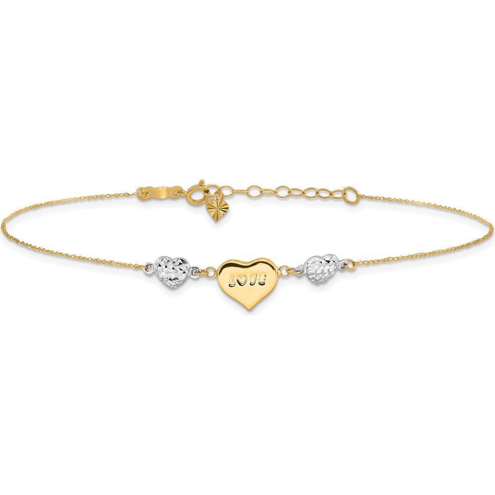 14K Two-Tone Gold Diamond-cut LOVE Heart Adjustable Anklet with Spring Ring Clasp - 11" Total Length