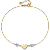 14K Two-Tone Gold Diamond-cut LOVE Heart Adjustable Anklet with Spring Ring Clasp - 11" Total Length