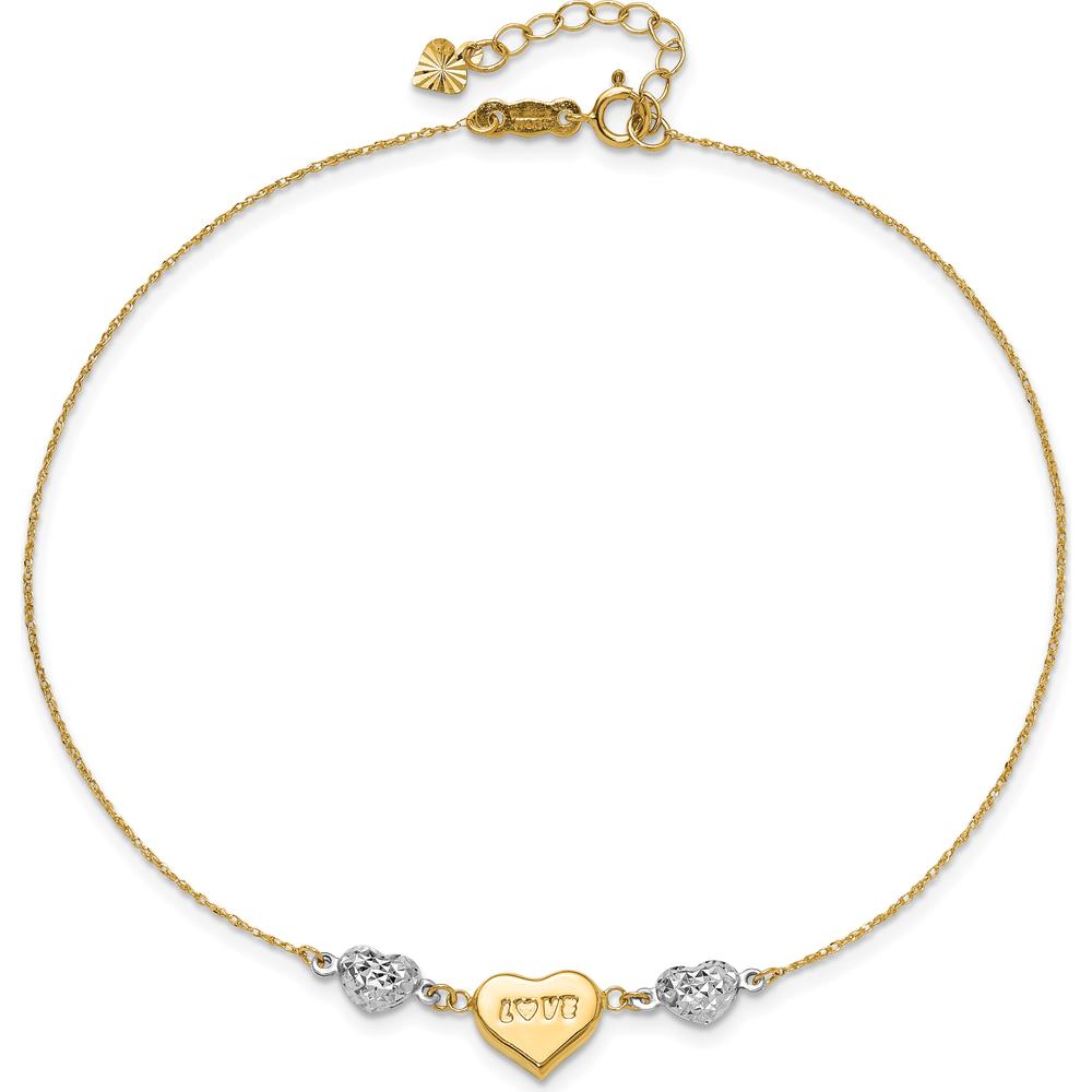 14K Two-Tone Gold Diamond-cut LOVE Heart Adjustable Anklet with Spring Ring Clasp - 11" Total Length