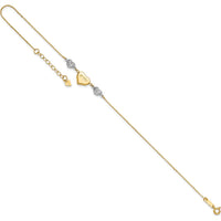 14K Two-Tone Gold Diamond-cut LOVE Heart Adjustable Anklet with Spring Ring Clasp - 11" Total Length