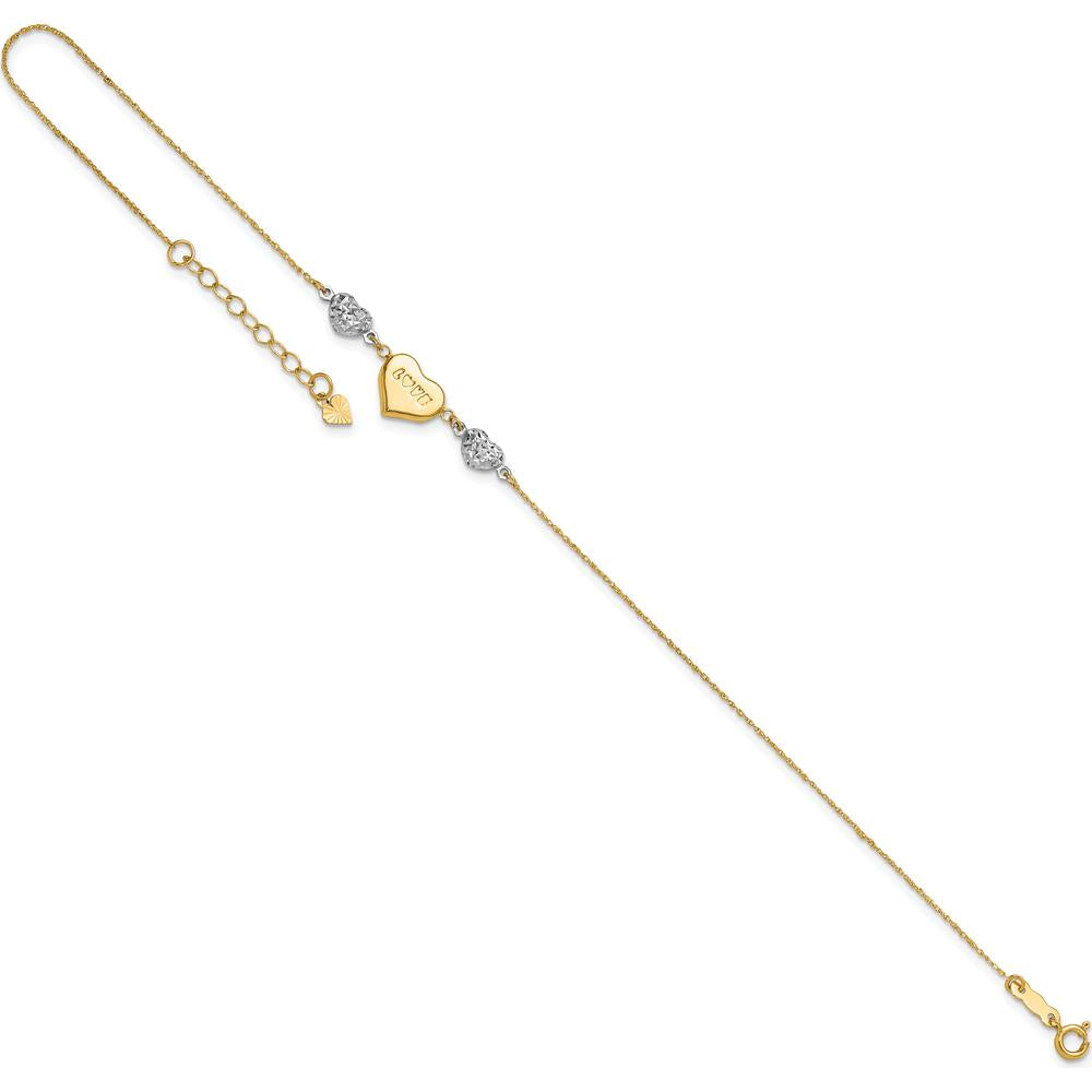 14K Two-Tone Gold Diamond-cut LOVE Heart Adjustable Anklet with Spring Ring Clasp - 11" Total Length