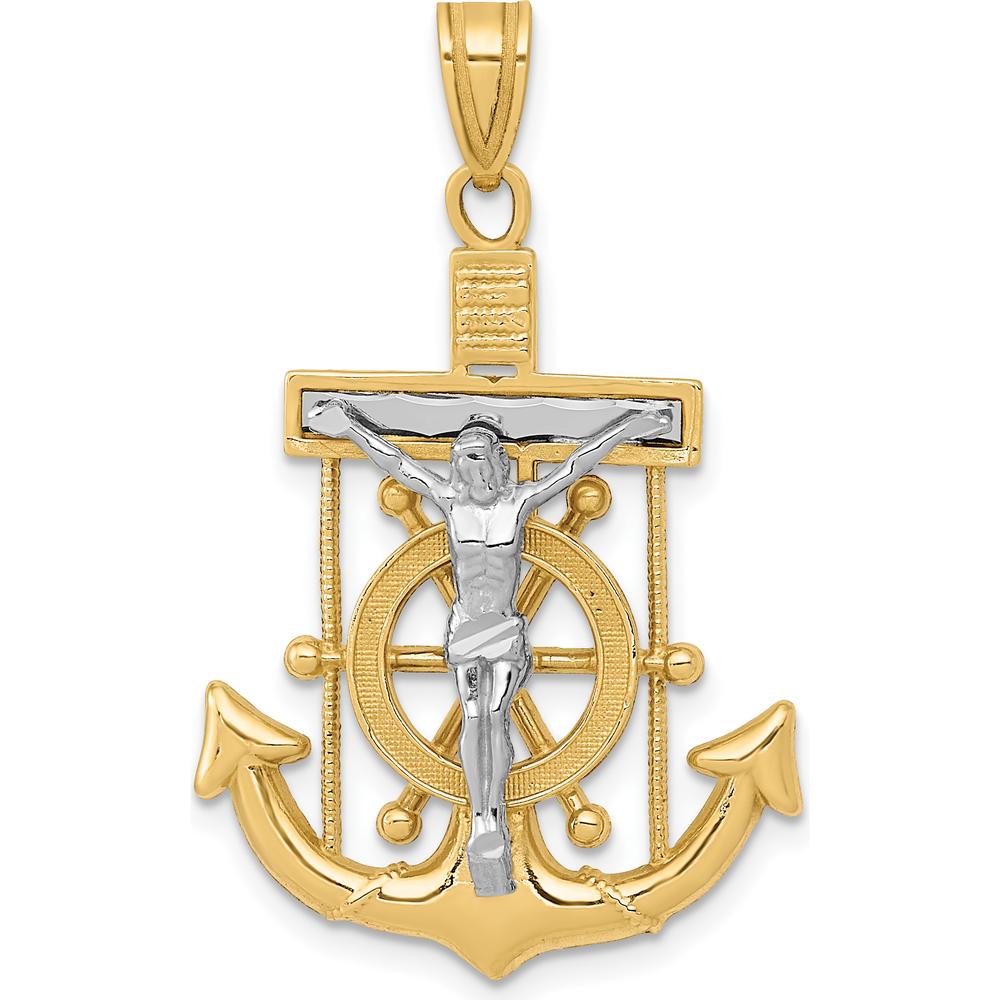 14K Two-Tone Gold Diamond-Cut Mariners Crucifix Pendant with Anchor and Religious Symbol by Oro Pregiato