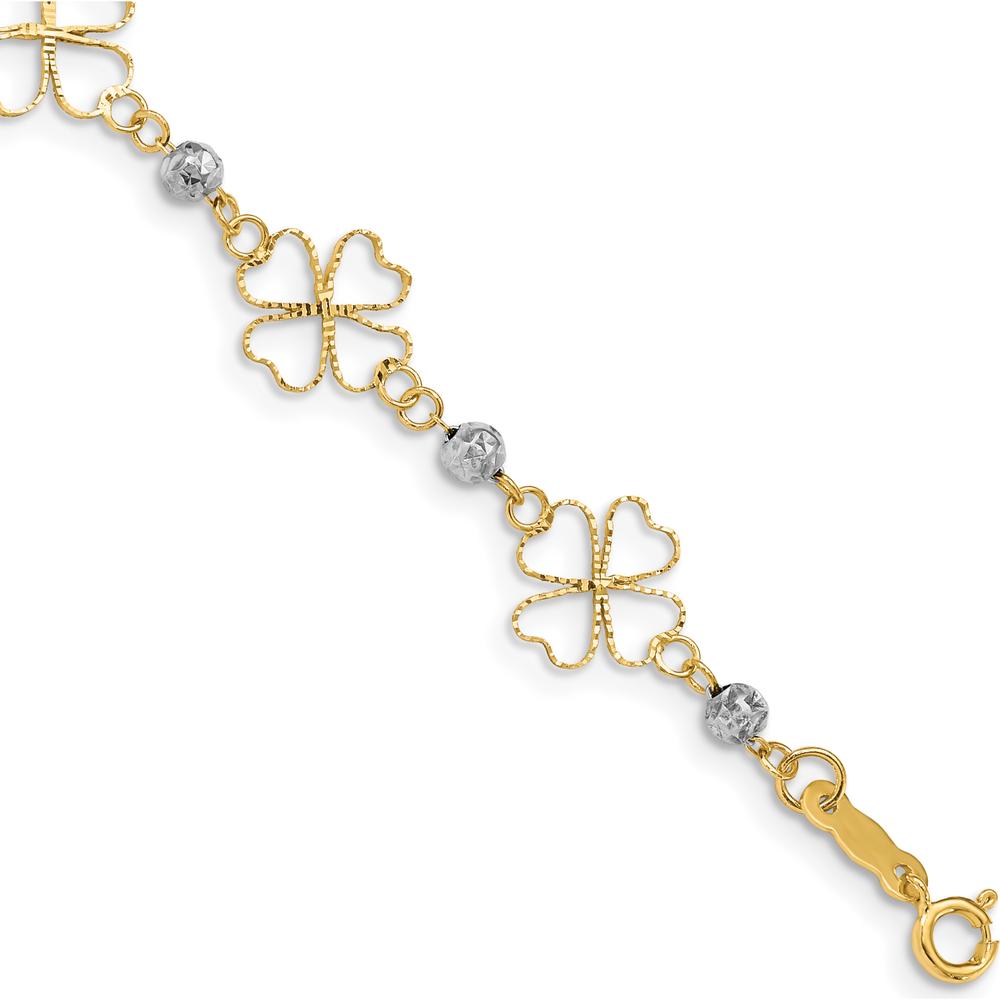 14K Two-Tone Gold Diamond-Cut Open 4-Leaf Clovers and Beads 7.5" Bracelet by Oro Pregiato
