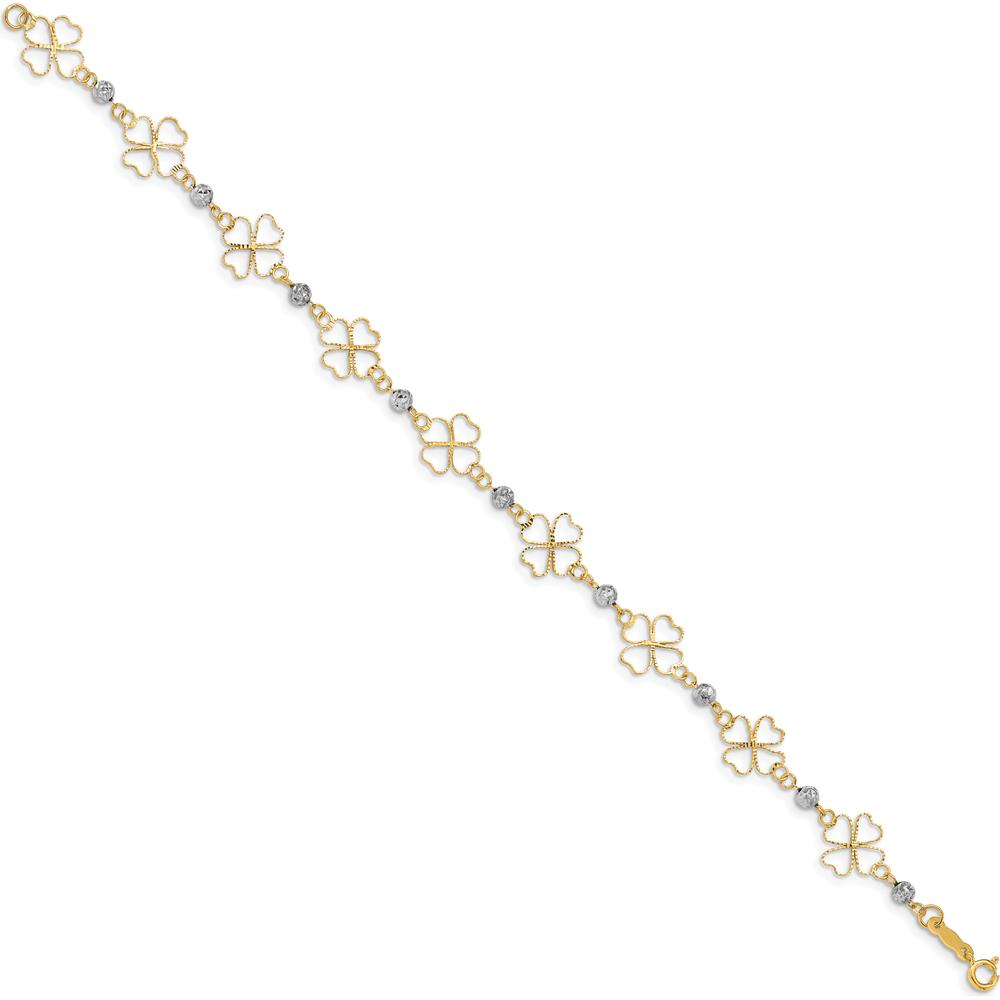14K Two-Tone Gold Diamond-Cut Open 4-Leaf Clovers and Beads 7.5" Bracelet by Oro Pregiato