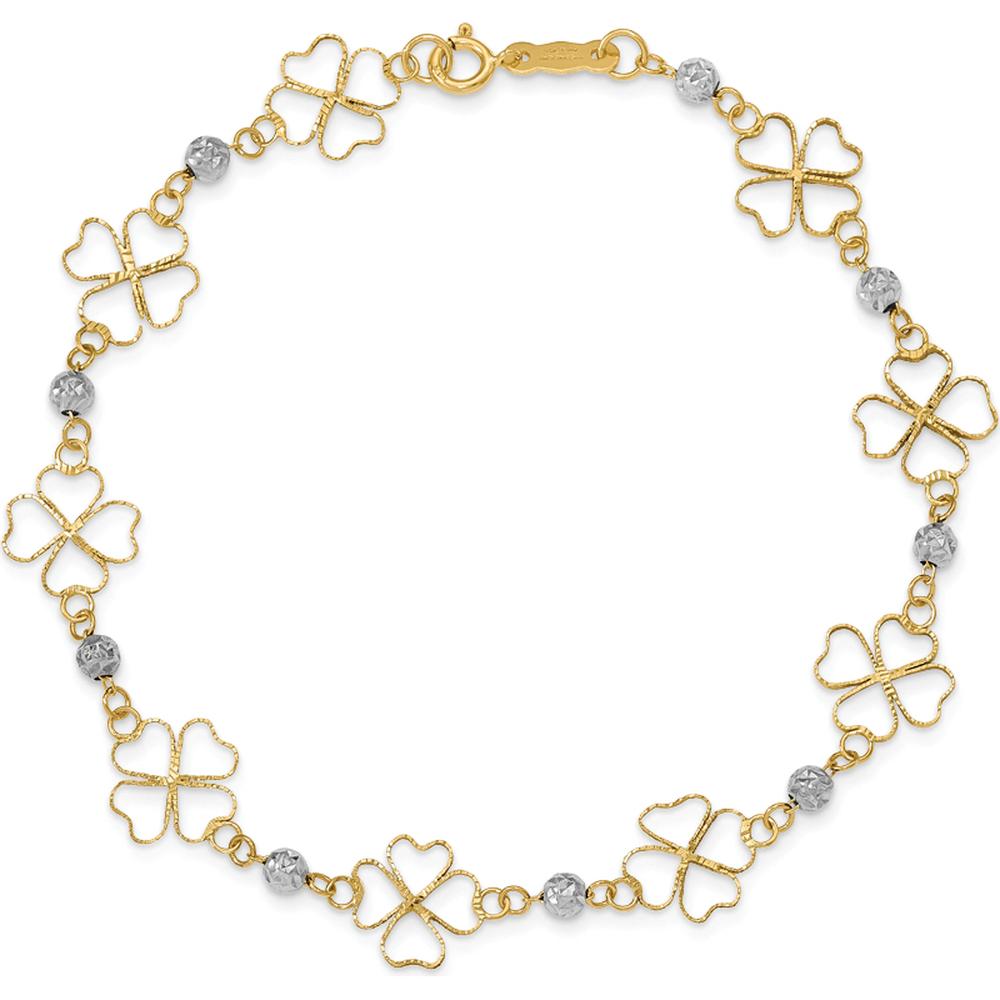 14K Two-Tone Gold Diamond-Cut Open 4-Leaf Clovers and Beads 7.5" Bracelet by Oro Pregiato