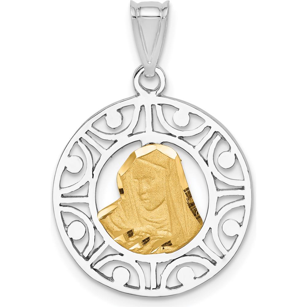14K Two-Tone Gold Diamond-Cut Virgin Mary Pendant with Polished and Brushed Finish - 26mm Length by Oro Pregiato