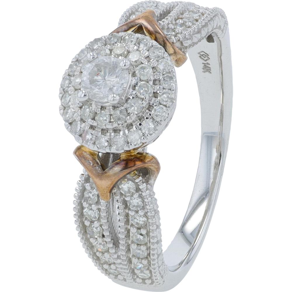 14K Two-Tone Gold Diamond Engagement Ring with Double Halo and Milgrain Detail - 0.50 Carats Total Diamond Weight