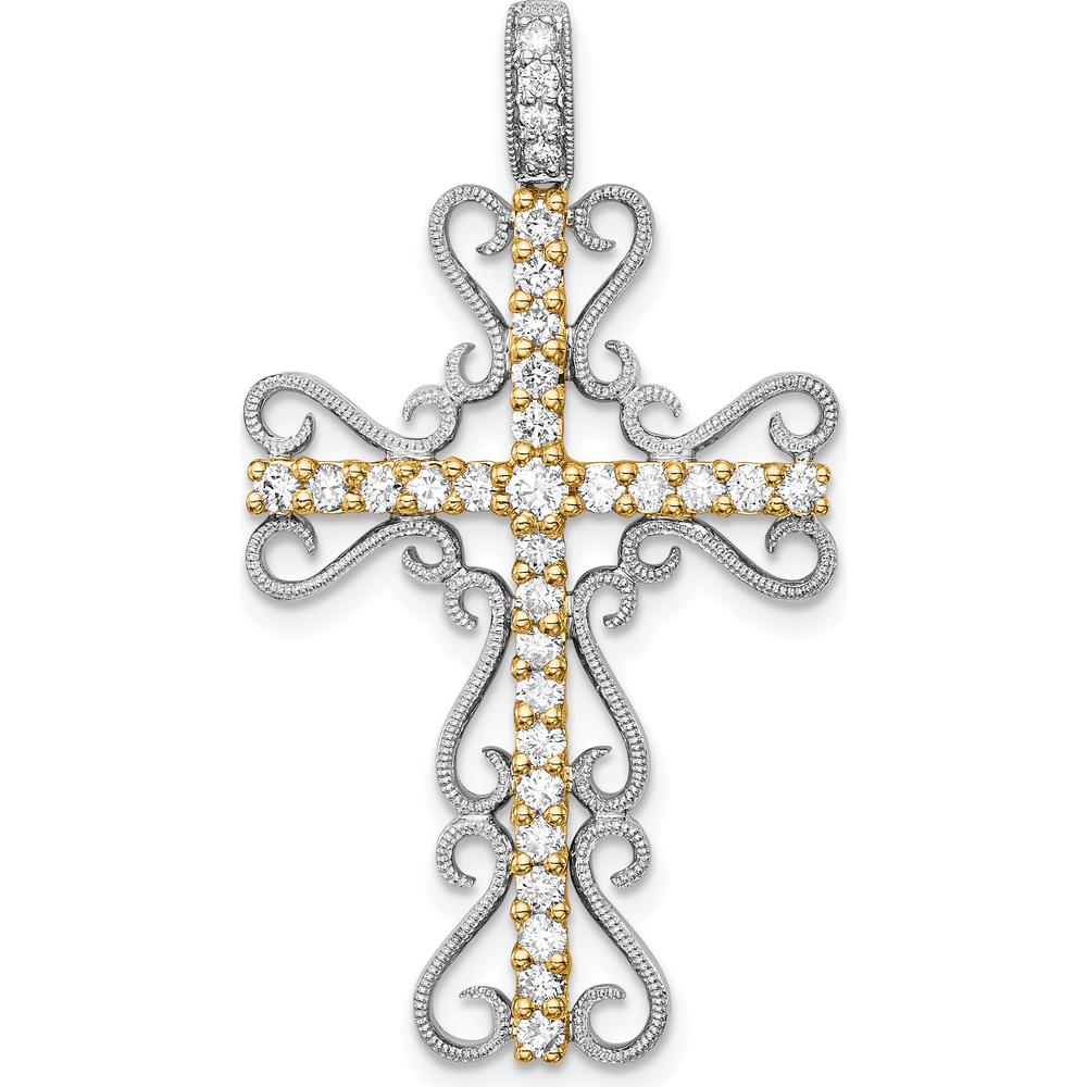14K Two-Tone Gold Diamond Filigree Cross Pendant - 5/8 Carat Total Diamond Weight by Monteluci Fine Jewelry