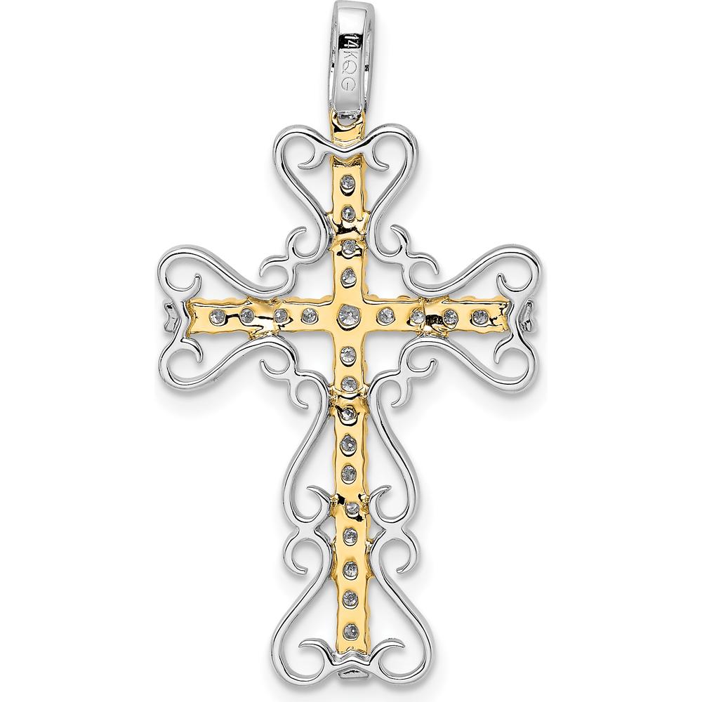 14K Two-Tone Gold Diamond Filigree Cross Pendant - 5/8 Carat Total Diamond Weight by Monteluci Fine Jewelry
