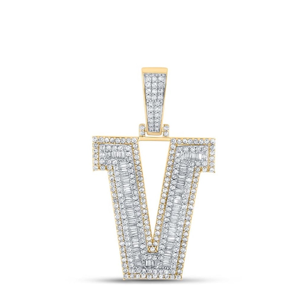 14K Two-Tone Gold Diamond Men's Initial ""V"" Pendant - 2 Carat Total Diamond Weight