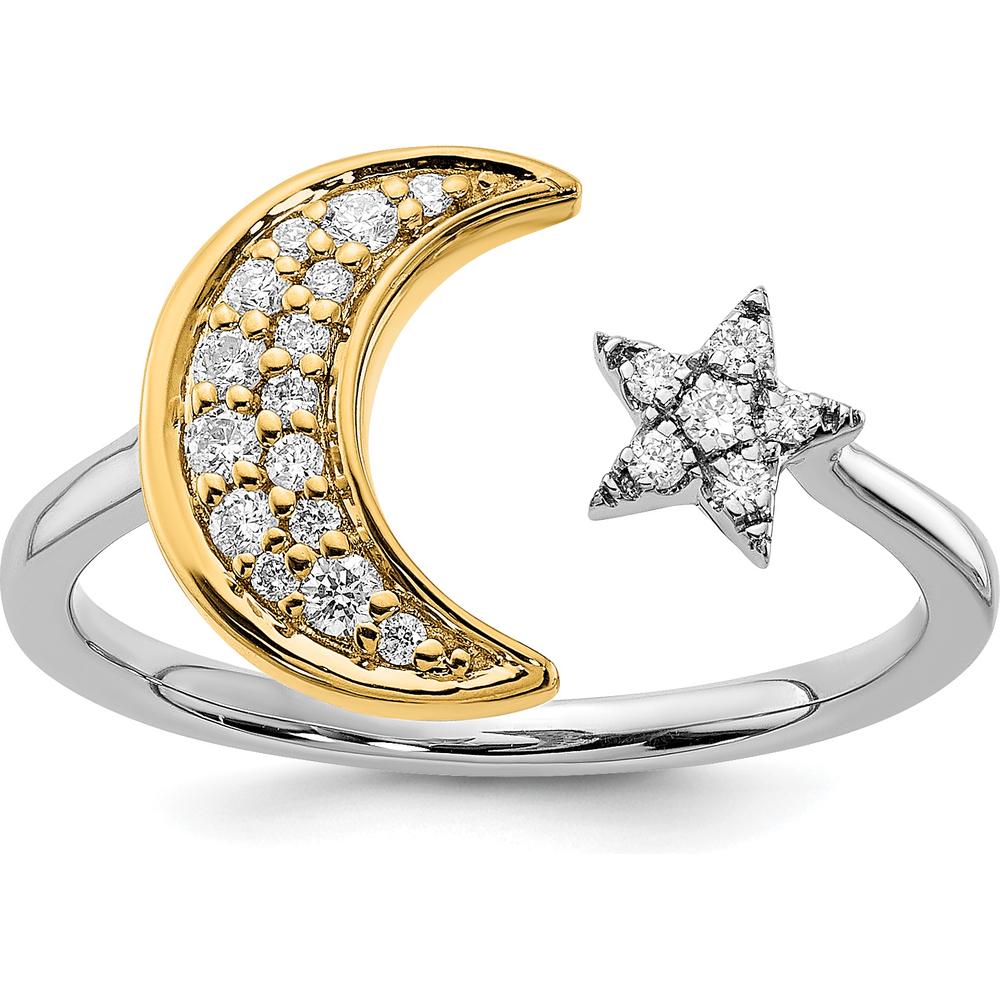 14K Two-Tone Gold Diamond Moon and Star Ring with Natural Round Diamonds by 0
