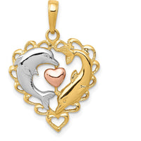 14K Two-Tone Gold Dolphins in Heart Pendant with White Rhodium Detailing by Oro Pregiato