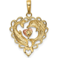 14K Two-Tone Gold Dolphins in Heart Pendant with White Rhodium Detailing by Oro Pregiato