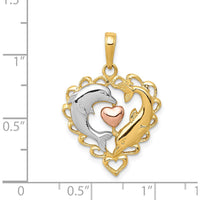 14K Two-Tone Gold Dolphins in Heart Pendant with White Rhodium Detailing by Oro Pregiato